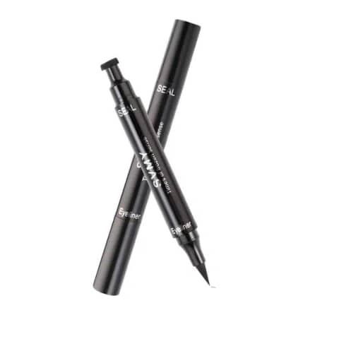 Lameila SVMY Stamp Eyeliner 2-in-1, black pen with pink text, displayed upright beside its pink branded packaging box.