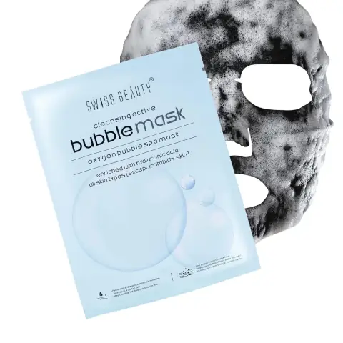 Swiss Beauty Cleansing Active Bubble Mask in a white tube, standing upright with playful bubbles.
