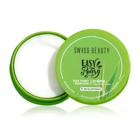 Swiss Beauty Easy Peasy Aloe Vera nail paint remover in a frosted light green bottle.