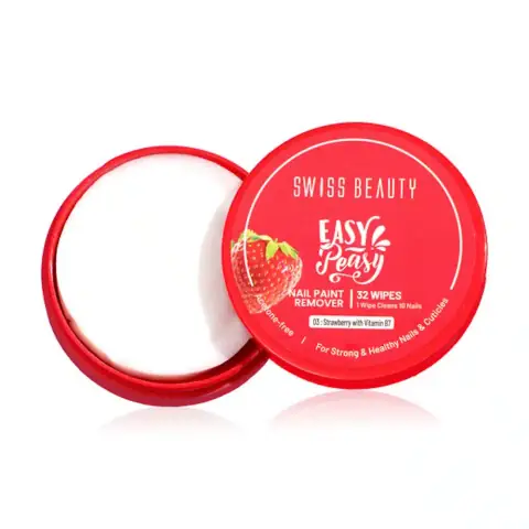 Swiss Beauty Easy Peasy strawberry nail paint remover in clear bottle with pink liquid and white cap.
