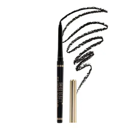 Swiss Beauty Eye Define Auto Kajal in black pen, capped, with prominent silver branding on white.