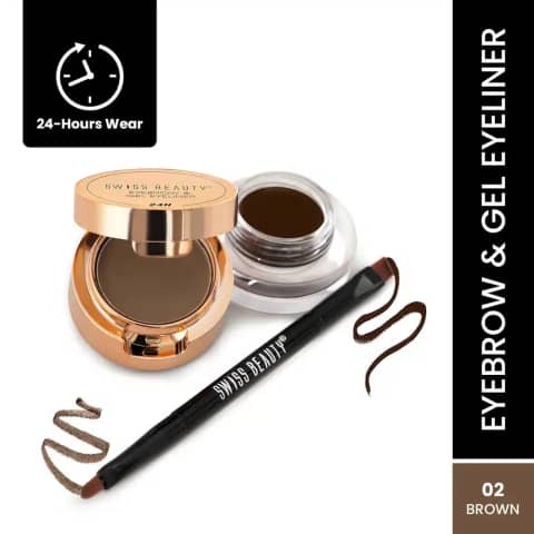 Swiss Beauty Eyebrow & Gel Eyeliner 2in1 in 02 Brown, a small glass jar with black lid.