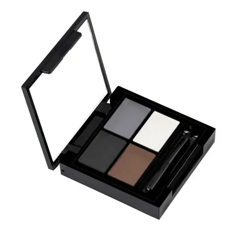 Swiss Beauty 3-in-1 eyebrow kit open, revealing brow soap, dual powders, mirror, applicator brush.