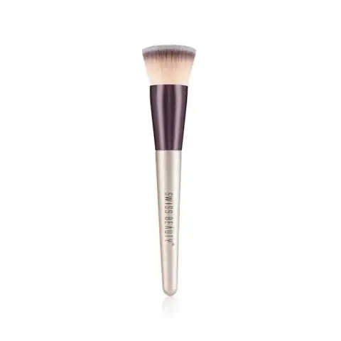 Swiss Beauty foundation blender brush featuring a sleek black handle and dense, two-tone synthetic bristles.