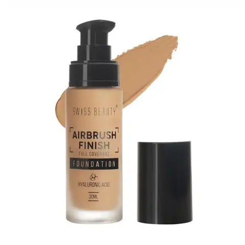 Swiss Beauty Airbrush Finish Foundation bottle, Nude Beige shade, full coverage for medium skin.