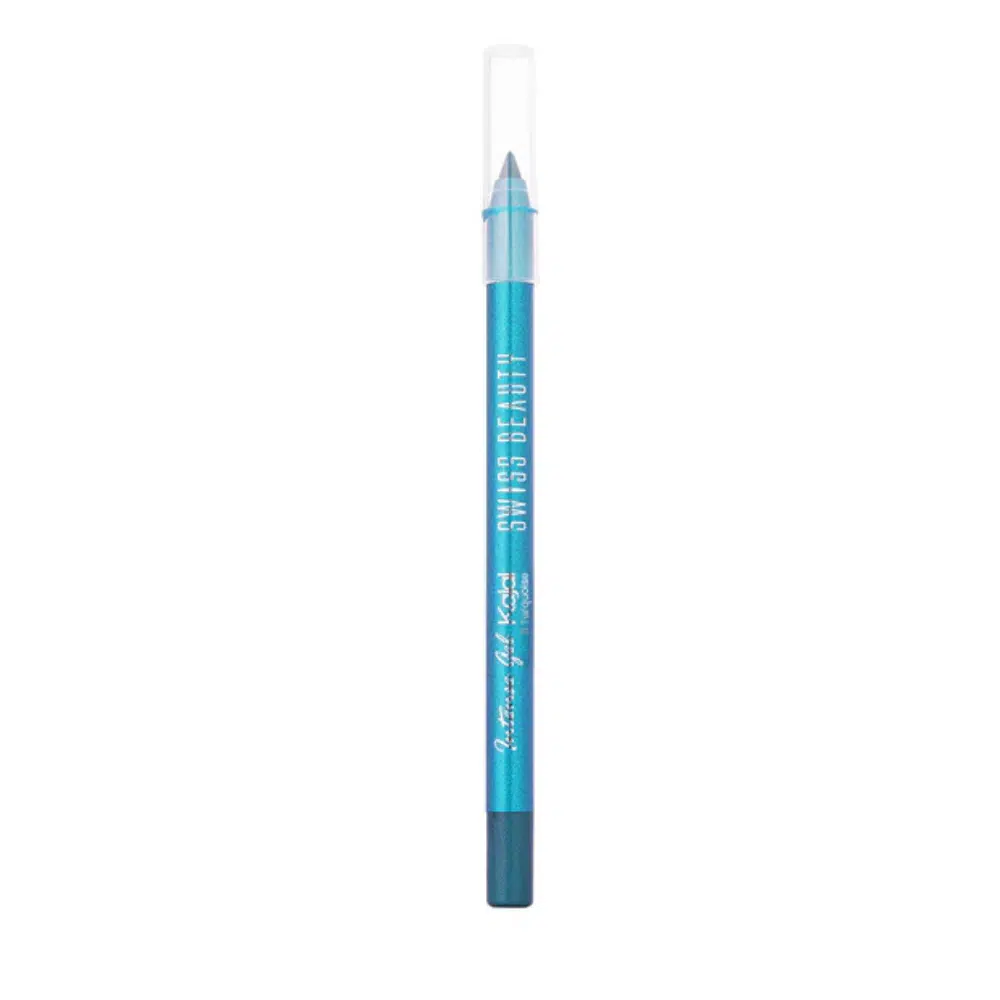 Swiss Beauty Intense Gel Kajal, brilliant turquoise, black pencil with cap off, showing tip.