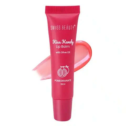 Swiss Beauty Kiss Kandy Pomegranate lip balm in vibrant red and white glossy tube, standing upright.