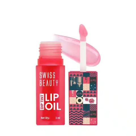 Swiss Beauty Lip Oil Dragon Fruit Dip Tint in a clear tube with black cap, full front view.