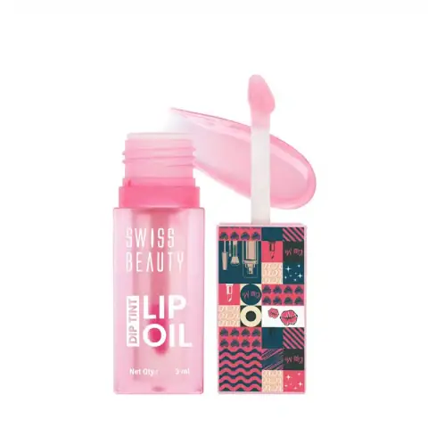 Swiss Beauty Lip Oil Peach Dip Tint 03 product, transparent tube with peachy liquid, cap visible.