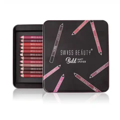 Swiss Beauty Bold Matte 12 Pcs lipliner set displayed, showcasing diverse vibrant shades.