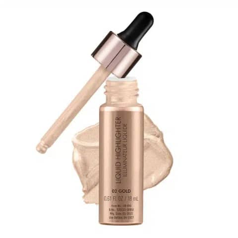 Swiss Beauty Liquid Highlighter Gold in its elegant clear glass dropper bottle with golden cap.