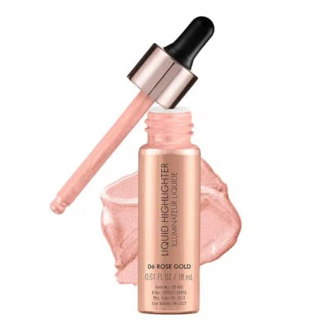 Swiss Beauty Rose Gold Liquid Highlighter in a sleek clear bottle with black pump and cap.