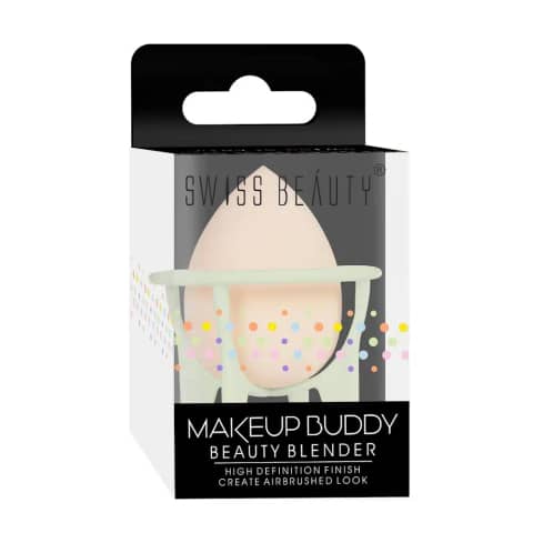 Swiss Beauty Makeup Buddy beauty blender standing upright, light skin tone, soft teardrop shape.