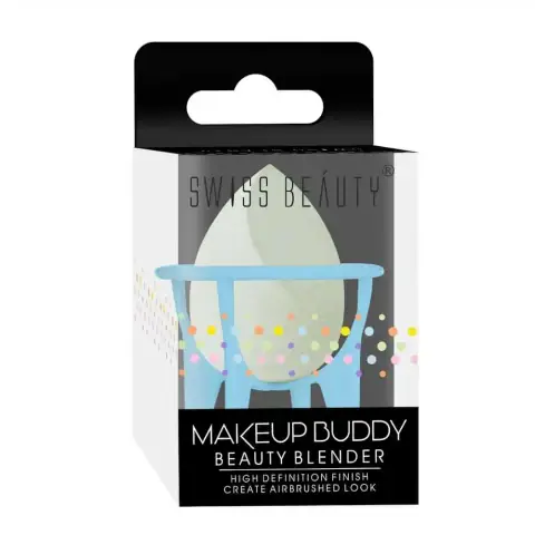 Soft green Swiss Beauty Makeup Buddy beauty blender, teardrop shape, standing upright on white background.