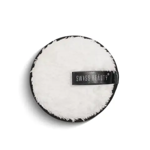 Front view of Swiss Beauty Makeup Remover Cleansing Pad white tub with vibrant purple-pink label.