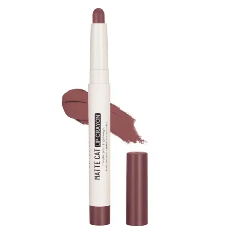 Swiss Beauty Matte Cat Lip Crayon in Brick Shell 03 standing upright, showing its sleek reddish-brown packaging.
