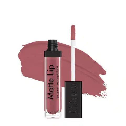 Swiss Beauty matte liquid lipstick Real Nude 22 in its sleek black capped, clear tube on white background.