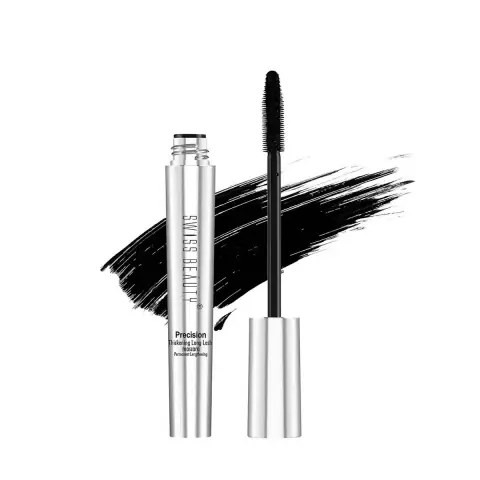 Full view of Swiss Beauty Precision Mascara black tube, upright with elegant gold branding.