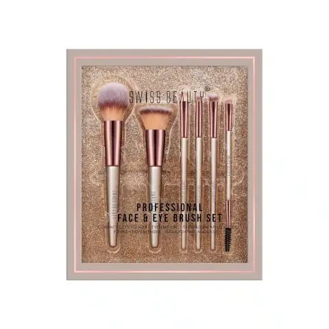 Swiss Beauty professional 6-piece face and eye brush set with black handles and white soft bristles.