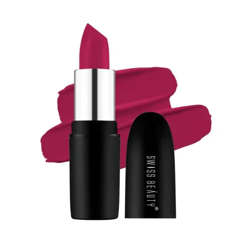Swiss Beauty Pure Matte Lipstick Bold Wine 228 extended, showcasing its luxurious dark packaging.