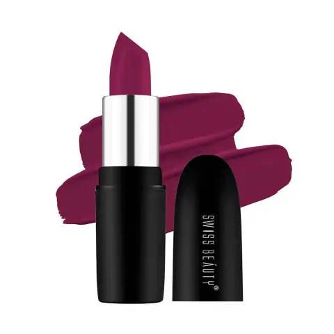Swiss Beauty Pure Matte Lipstick in Burgundy 210, sleek black tube with gold details, standing upright.
