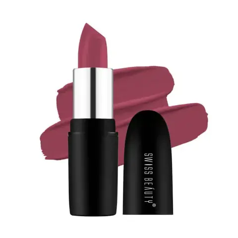 Swiss Beauty Pure Matte Lipstick Hot-Nude 222, elegant black and gold packaging, standing upright.