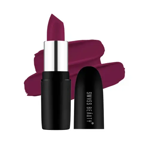 Swiss Beauty Pure Matte Lipstick Red Wine 224, closed black tube with elegant gold branding.