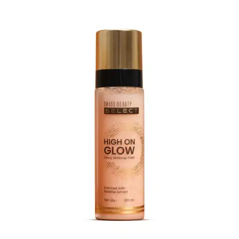 Swiss Beauty High on Glow Makeup Fixer 100ml clear spray bottle with rose gold cap, front view.