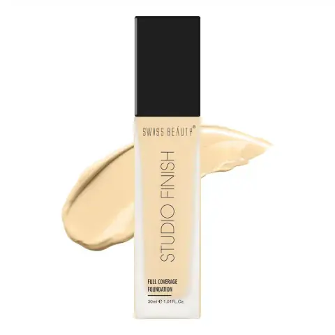 Swiss Beauty Studio Finish Full Coverage Foundation in Ivory Fair, elegant bottle with black pump.