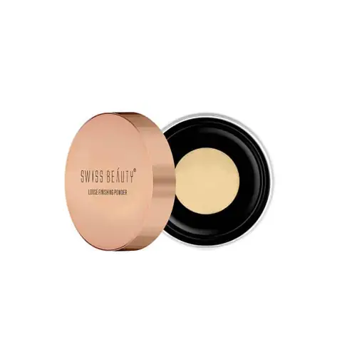 Swiss Beauty Ultra Fine Banana 02 loose finish powder in clear packaging with black lid, white puff.