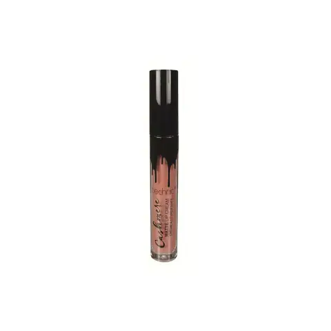 Technic Cashmere Matte Lip Cream in 'Without A Stitch' nude, featuring clear tube packaging with black cap.