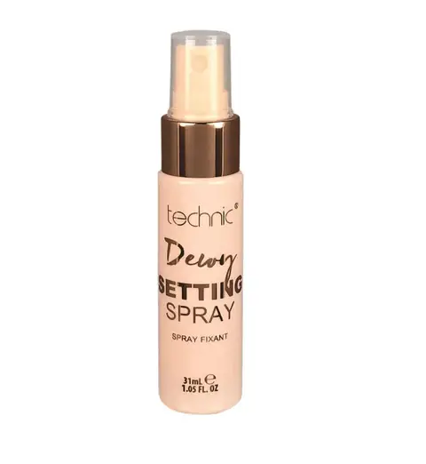 Clear Technic Dewy Setting Spray 31ml bottle with a white cap, showcasing the milky liquid.