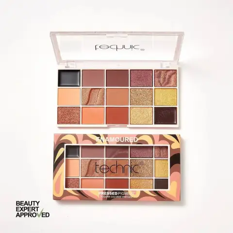 Technic Enamoured pressed pigment eyeshadow palette, closed, showcasing its reflective rose gold packaging.