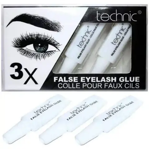 Three Technic Eyelash Glue 1ml tubes, clear with white caps, neatly presented on white.