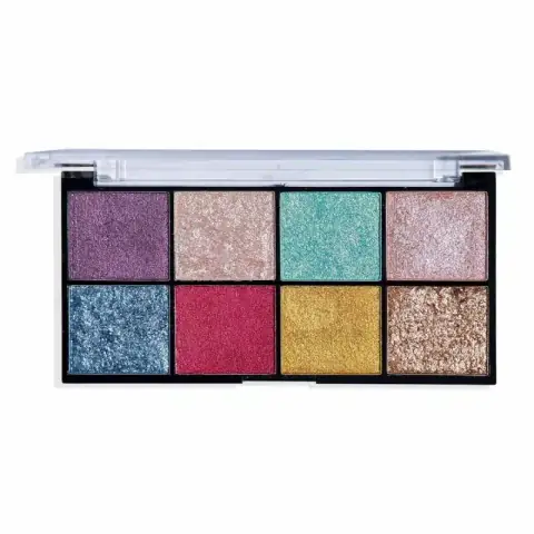 Technic Hot Foil Cream Eyeshadow 8-color palette open, revealing shimmery metallic shades for vibrant eye makeup.