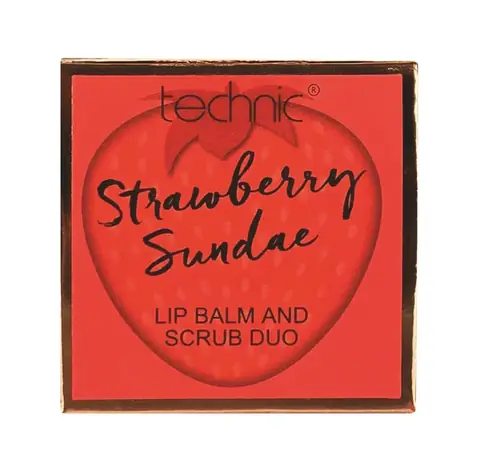Technic Strawberry Lip Scrub and Balm Duo, dual-ended with pink scrub and clear balm.