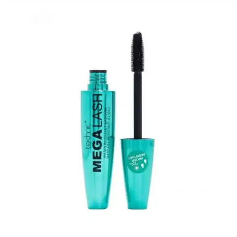 Technic Mega Lash Mascara black tube with silver cap, 12ml size, standing upright.