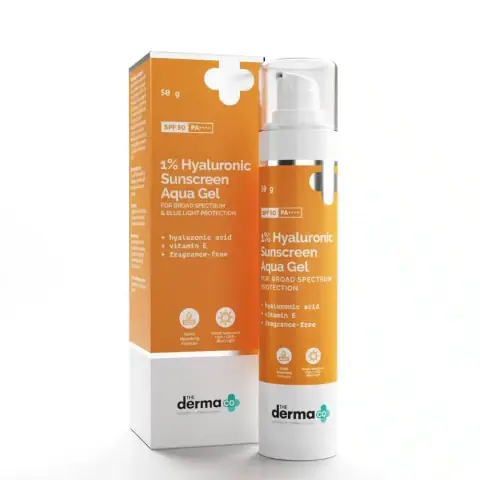 The Derma Co 1% Hyaluronic Sunscreen Aqua Gel 50gm, white tube with blue branding, front.