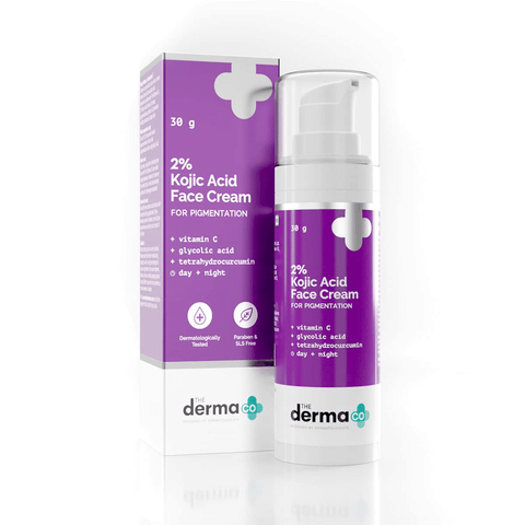 The Derma Co 2% Kojic Acid Face Cream 30g, white and orange box, showing front details.