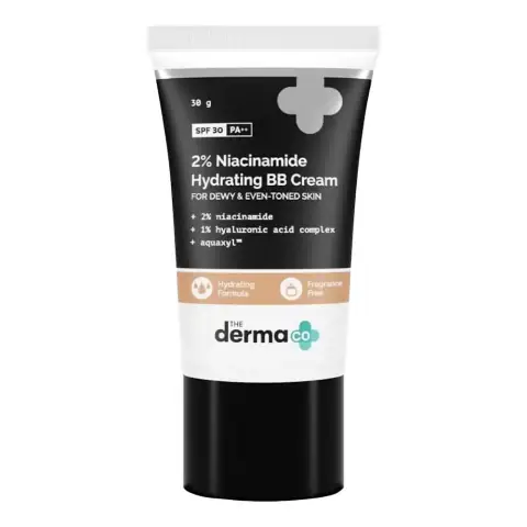 The Derma Co 2% Niacinamide Hydrating BB Cream tube with its branded white and blue box.