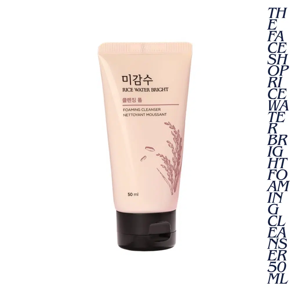 The Face Shop's Rice Water Bright Foaming Cleanser 50ml in a clean white tube with green details.