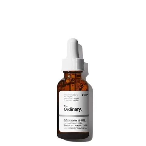 The Ordinary Caffeine Solution 5% + EGCG serum in a clear glass dropper bottle.