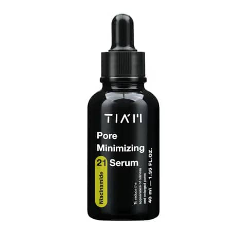 Tiam Pore Minimizing 21 Serum in clear glass dropper bottle, white label, full view.