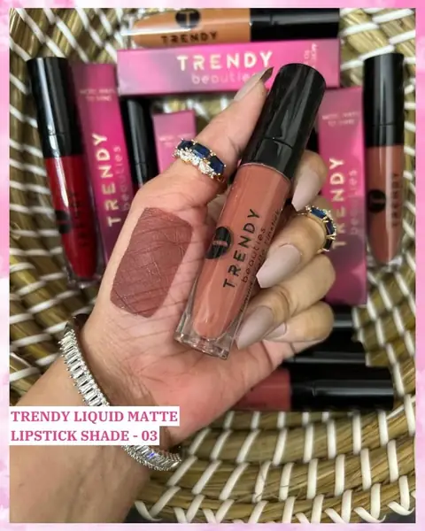 Trendy Beauties Liquid Matte Lipstick shade 03, clear tube with black cap, standing on white.