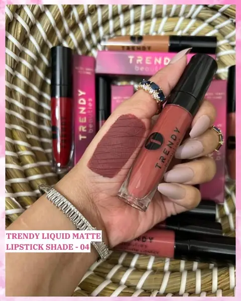 Trendy Beauties liquid matte lipstick 04 waterproof, sleek black tube, white branding, standing upright.