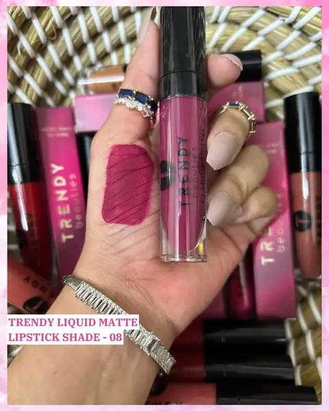 Trendy Beauties Liquid Matte Lipstick Waterproof 08, sleek black tube with gold cap, full product view.
