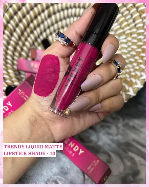 Trendy Beauties Liquid Matte Lipstick in deep red shade 10, featuring sleek black and clear packaging.