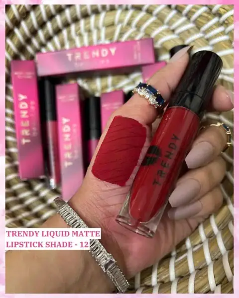 Trendy Beauties Liquid Matte Lipstick in a black tube, gold cap, showing rich terracotta color.