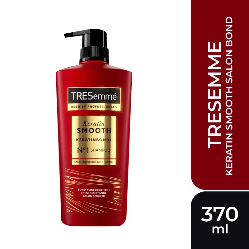 Sleek black Tresemme Keratin Smooth Shampoo 370ml bottle with pump dispenser, front view.