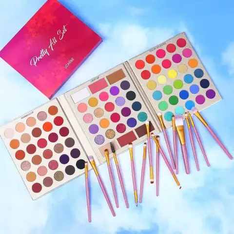 UCANBE Pretty All Set 35-shade eyeshadow palette open, showcasing vibrant matte and shimmer colors.